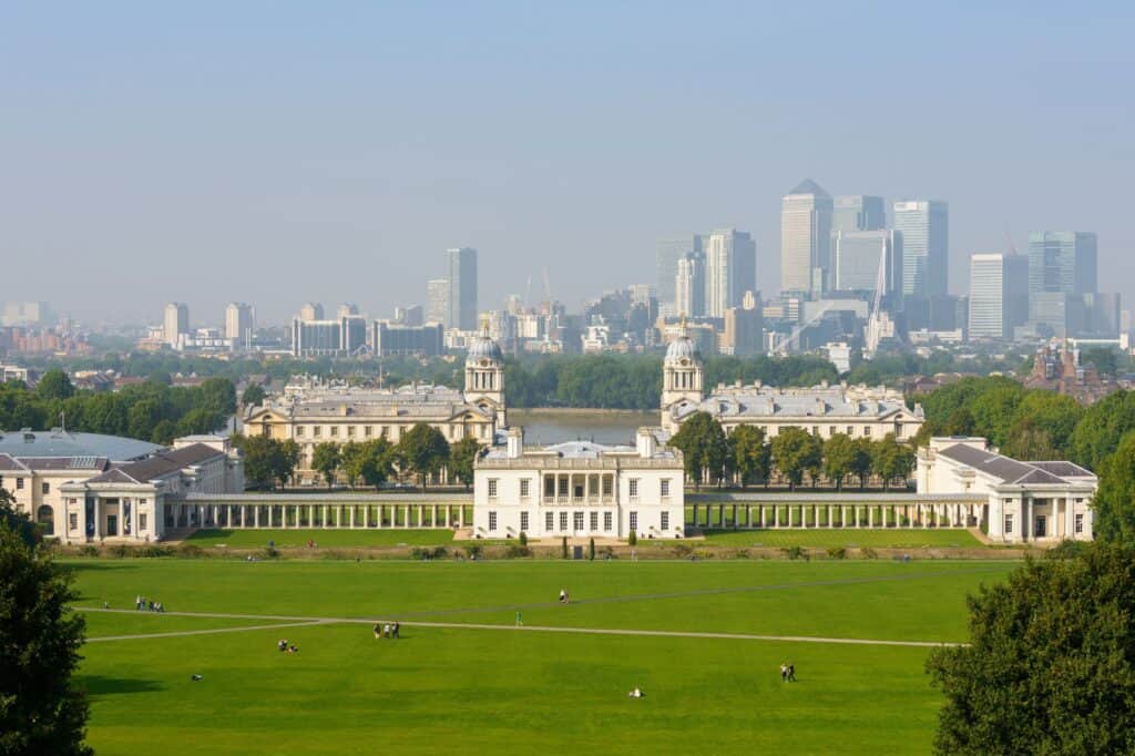 The National Maritime Museum and Canary Wharf in the background