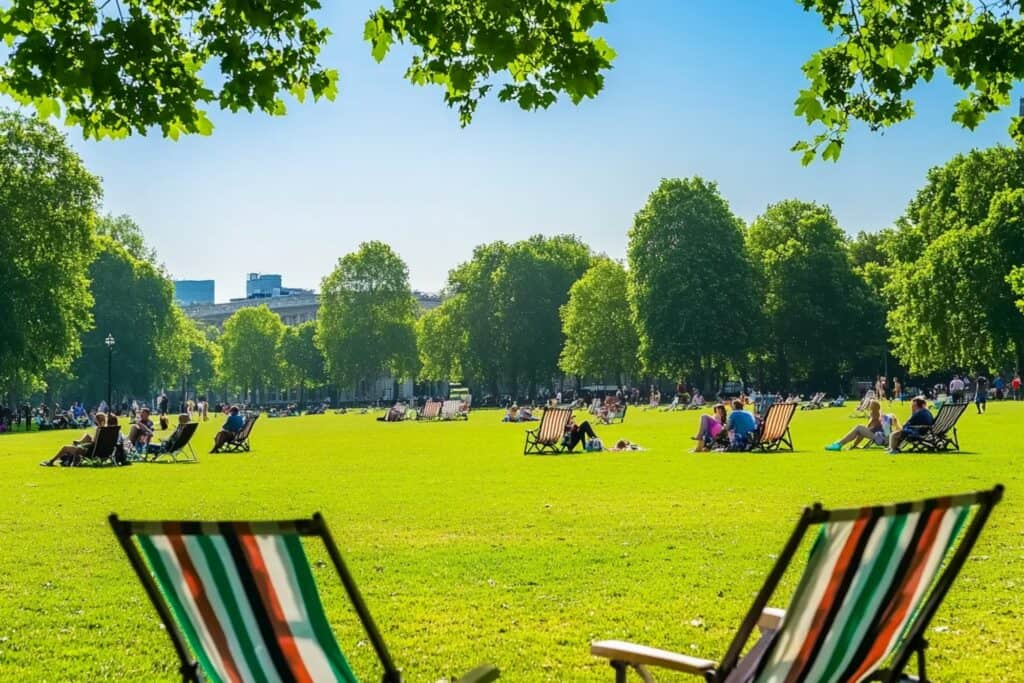 People are relaxing under the sun in an expansive green space