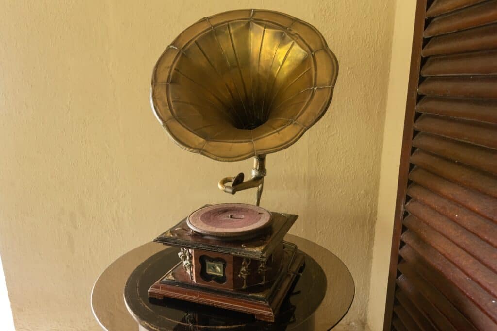 A vintage vinyl player at the corner of the room